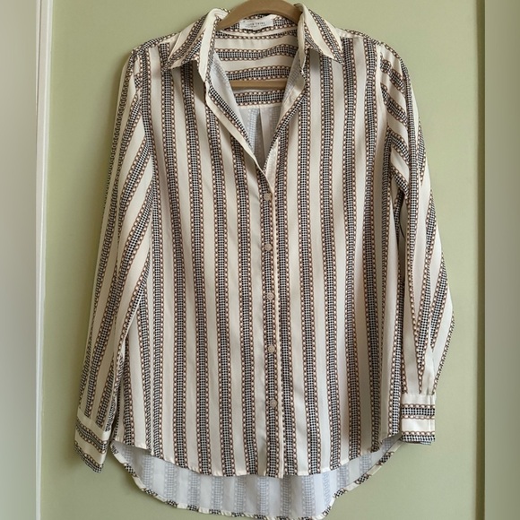 12th Tribe Tops - Cream Blouse with Gold Chain Link/Black Hounds Stripes - Size M